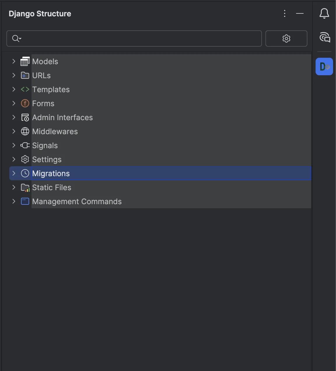 Django PowerTools structure window listing models, URLs, templates, forms, admin interfaces, signals, settings, migrations, static files, and management commands