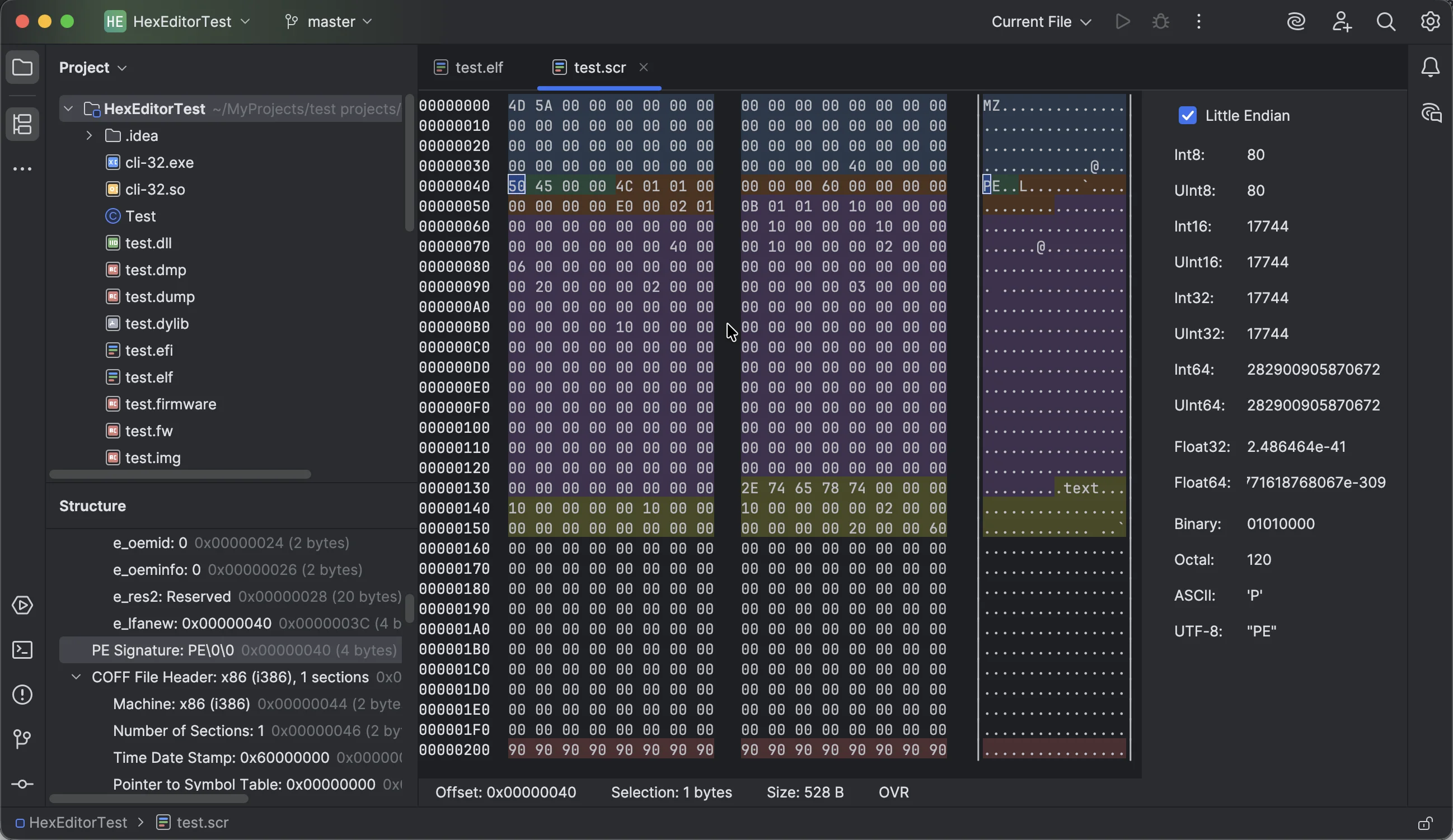 Hex Editor showing a binary file, parsed structure, and Data Inspector in a JetBrains IDE