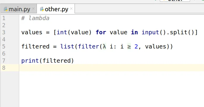 Python editor displaying lambda and greater-than-or-equal operators as mathematical symbols