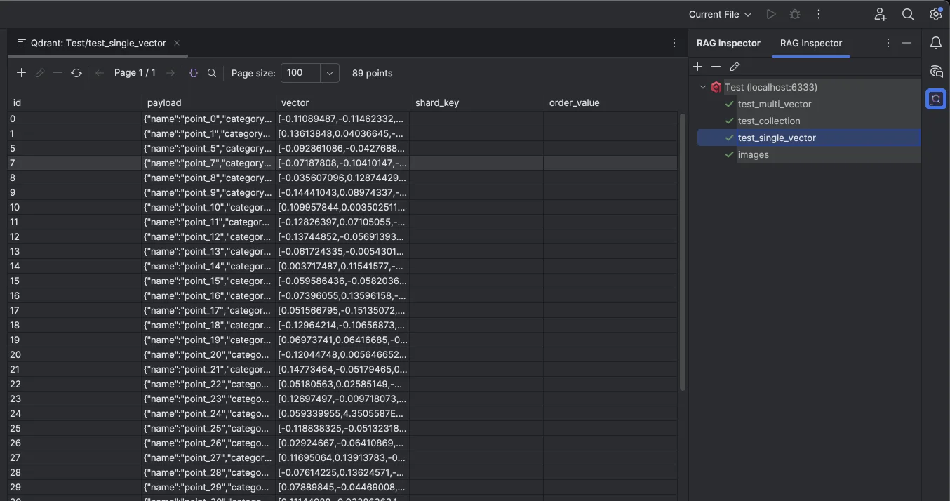 Qdrant plugin showing collection navigation and a paginated points table in a JetBrains IDE